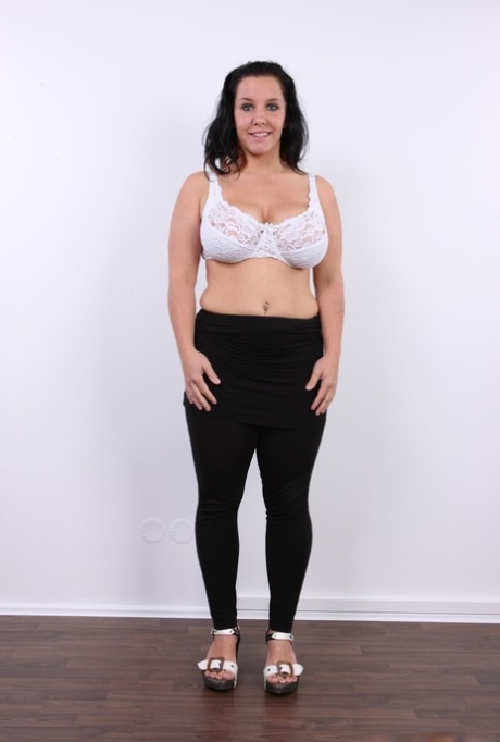 Chubby brunette Kveta peels yoga pants & bares her saggy tits for the camera