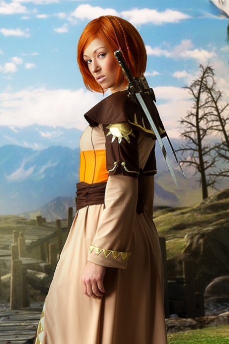 Redheaded girl exposes her hard body while wearing cosplay clothing