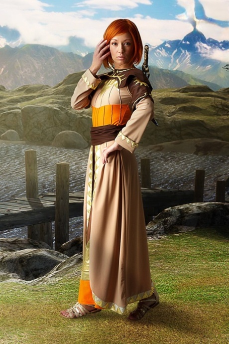Redheaded girl exposes her hard body while wearing cosplay clothing