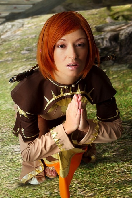 Redheaded girl exposes her hard body while wearing cosplay clothing