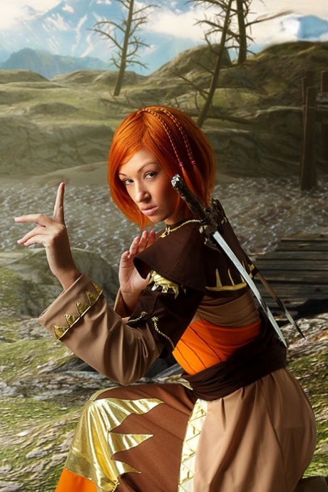 Redheaded girl exposes her hard body while wearing cosplay clothing