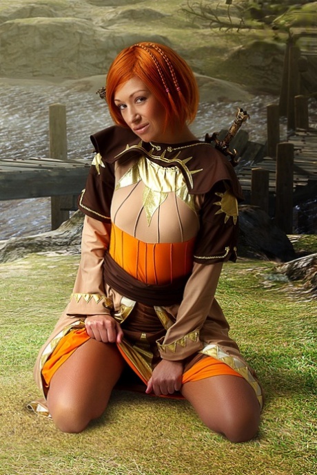 Redheaded girl exposes her hard body while wearing cosplay clothing
