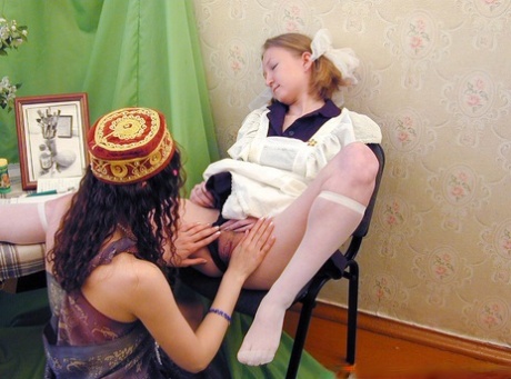 Young looking girls pleasure their horny pussies until a man arrives