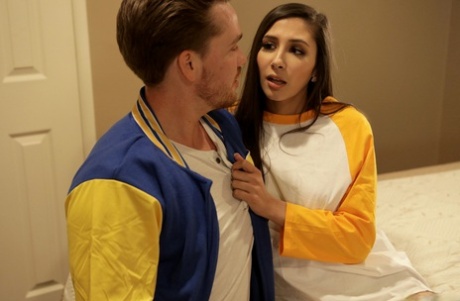 Young brunette is caught hiding from her stepbrother before he bangs her