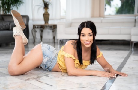 Dark haired latina teen strips down to her flat shoes while sporting pigtails
