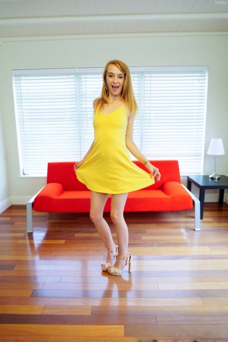 Teen first timer Kristy works huge dildos and a cucumber up her shaved pussy