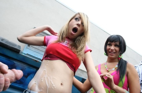 2 girls get their faces and naked bodies covered in cum after doing a big cock