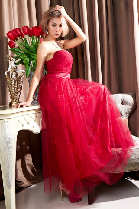 Asian beauty Pricilla exposes her hairless pussy while wearing an elegant gown