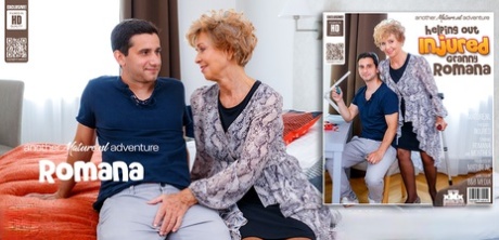 Old woman Romana has sex on a bed with a much younger man