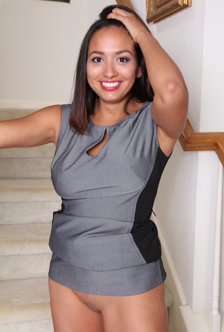 Busty brunette Latina MILF Abby Melon spreading shaved snatch in high heels