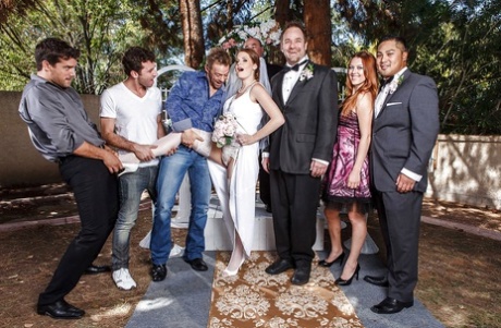 Slutty bride Allison Moore is into foursome groupsex with well-hung guys