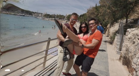 Shapely German Conny Dachs in bikini picked up for wild MMF beach threesome