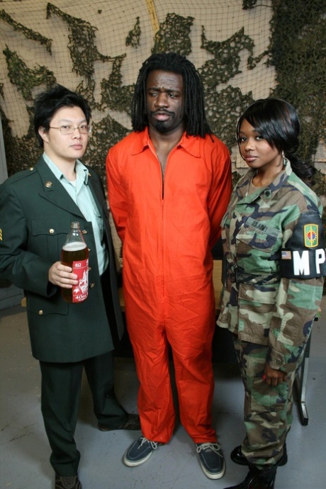 Busty black military teen Baby Cakes blows off and fucks big dick prisoner