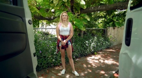 Golden haired teen Daisy Lynne joins a stranger in a van for a quickie
