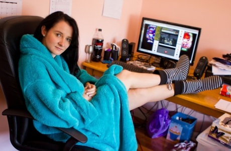 Raven haired girl with natural tits Aeryn Walker shows her ass and bushy pussy