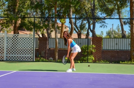 Sporty Nicki & Diamond enjoy hot interracial tennis court fuck with a ball boy