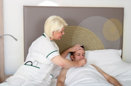 Mature nurse Skyler gives a young patient a therapeutic blowjob & fucks him
