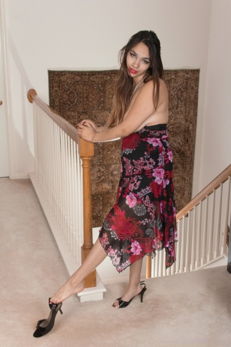 Exotic hairy babe Victoria Marie strips and shows off her pussy on the stairs