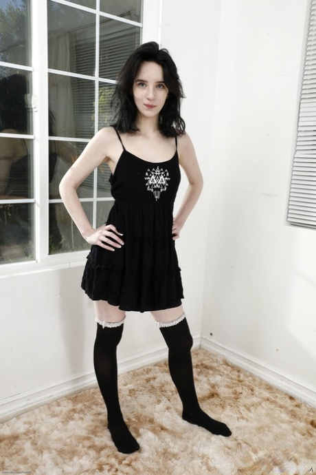 Raven-haired babe Lily Moon plays with her pussy lips & shows her pink holes