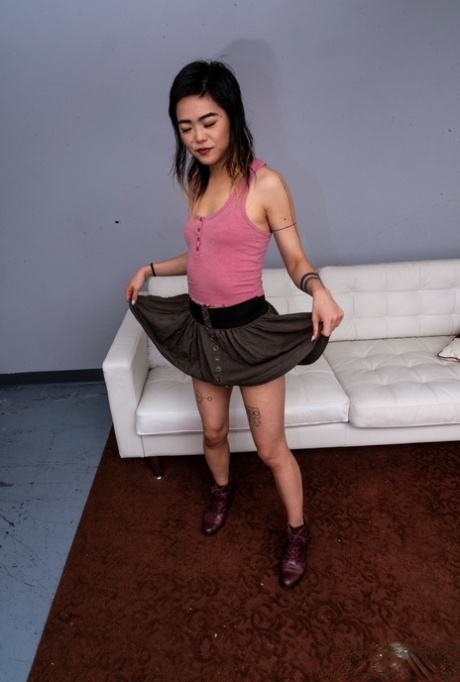 Little Asian babe Roxane Lee peels off her clothes & shows her holes up close