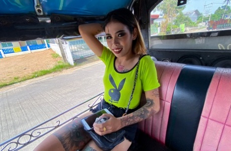 Asian amateur Bee F strips, shows her inked body and has POV sex