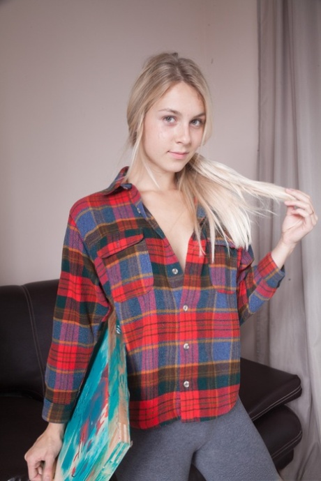 Slim teen Alecia Fox shows her hairy armpits & pussy & finger fucks on a couch